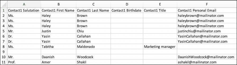 The downloaded data opened in a spreadsheet program, with 11 rows, including header.