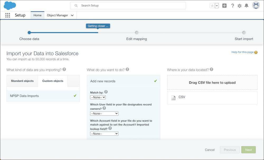The Import your Data into Salesforce page, with NPSP Data Imports and Add new records selected.