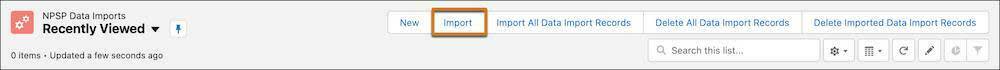 The NPSP Data Imports page with the Import button highlighted
