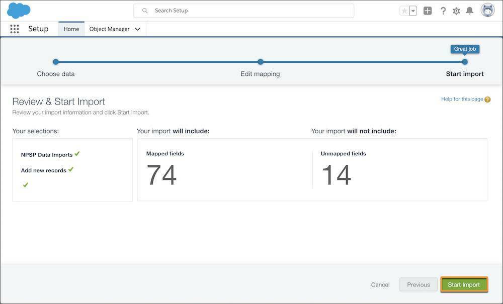 The Review & Start Import page, with the Start Import button highlighted