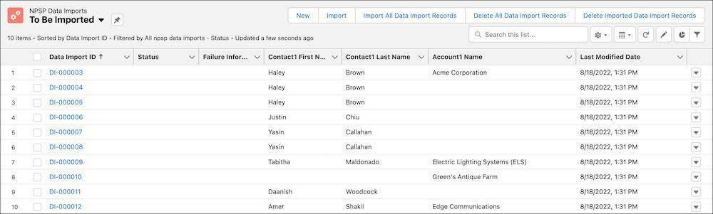 La vue de liste To Be Imported (À importer) avec les nouveaux enregistrements.