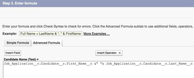 Ficha Advanced Formula (Fórmula avanzada) que muestra la fórmula Candidate Name (Nombre de candidato).