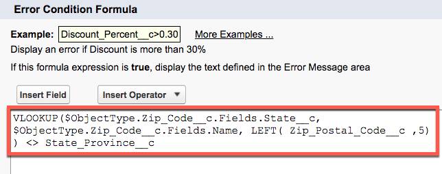 Error Condition Formula (Fórmula de condición de error) para el código postal consistente con la regla de validación de estado.