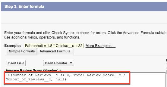 Advance formula tab showing Average Review Score formula.