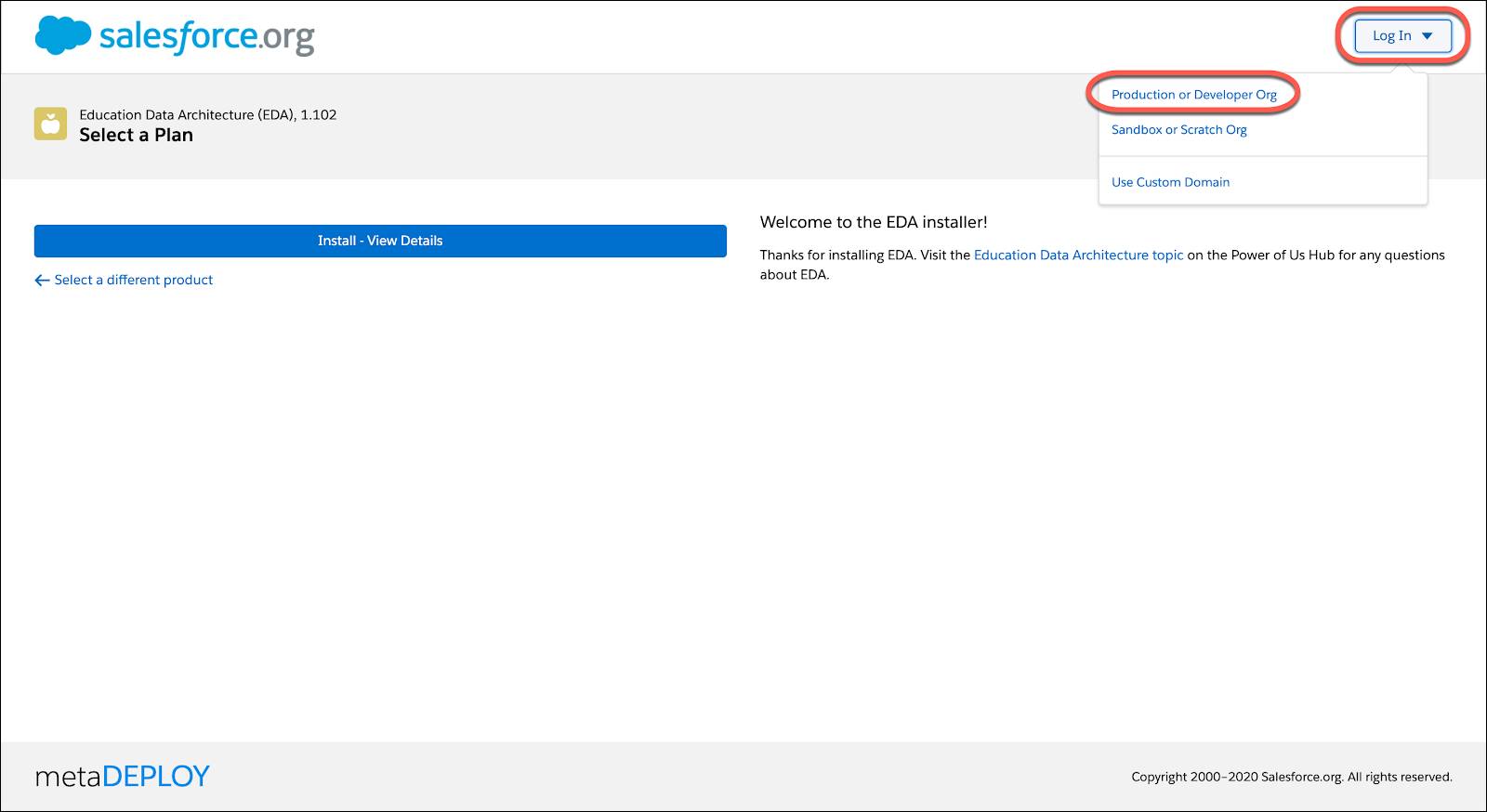 EDA installer welcome page, highlighting selection of a Production or Developer Org