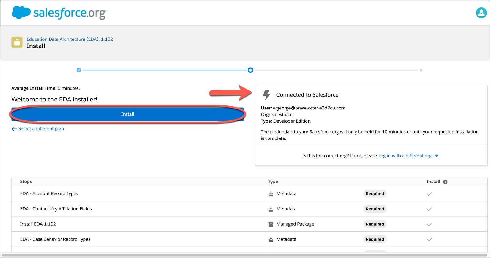 Verify Connected to Salesforce information and click Install.