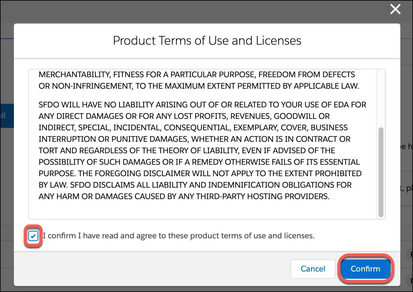 Product Terms of Use and Licenses agreement page