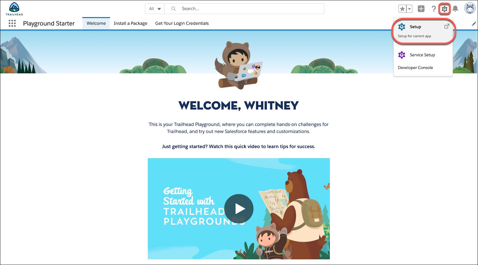 Setup menu opened in a Trailhead Playground