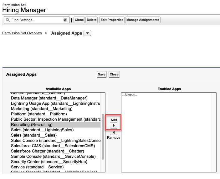 Available Apps list for the Hiring Manager permission set