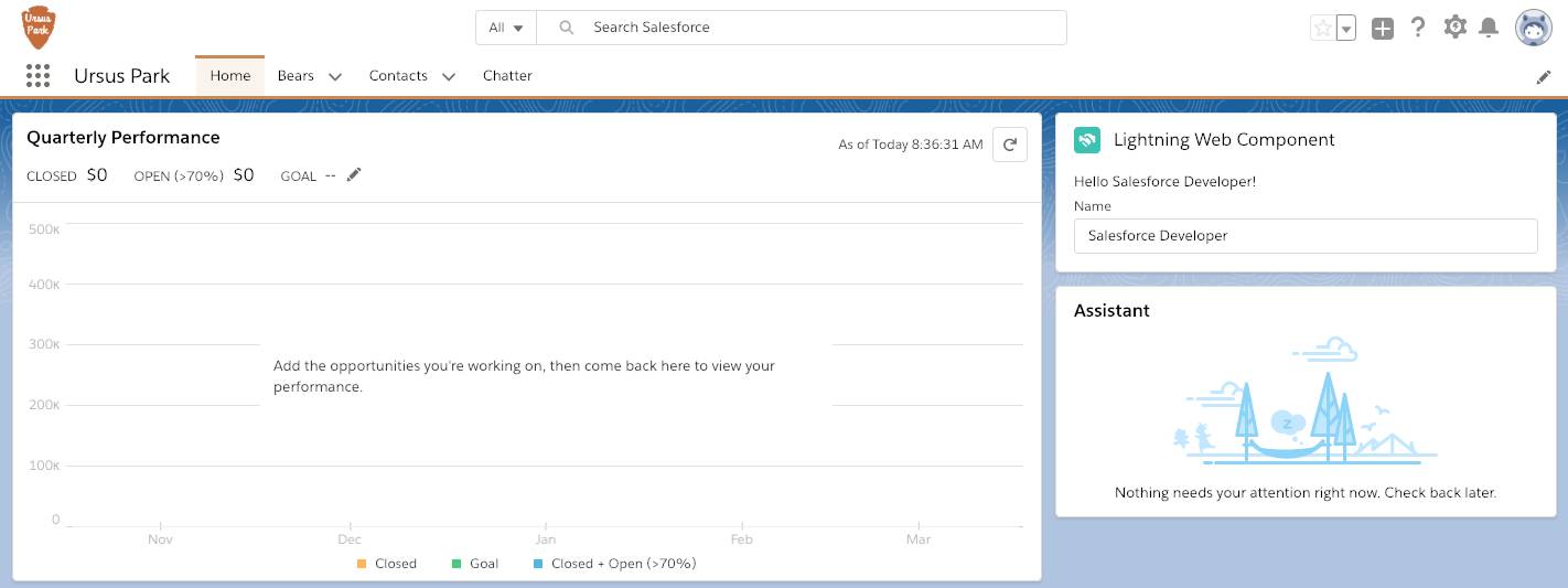 Your Lightning Web Component with data binding on the Ursus Park Home page
