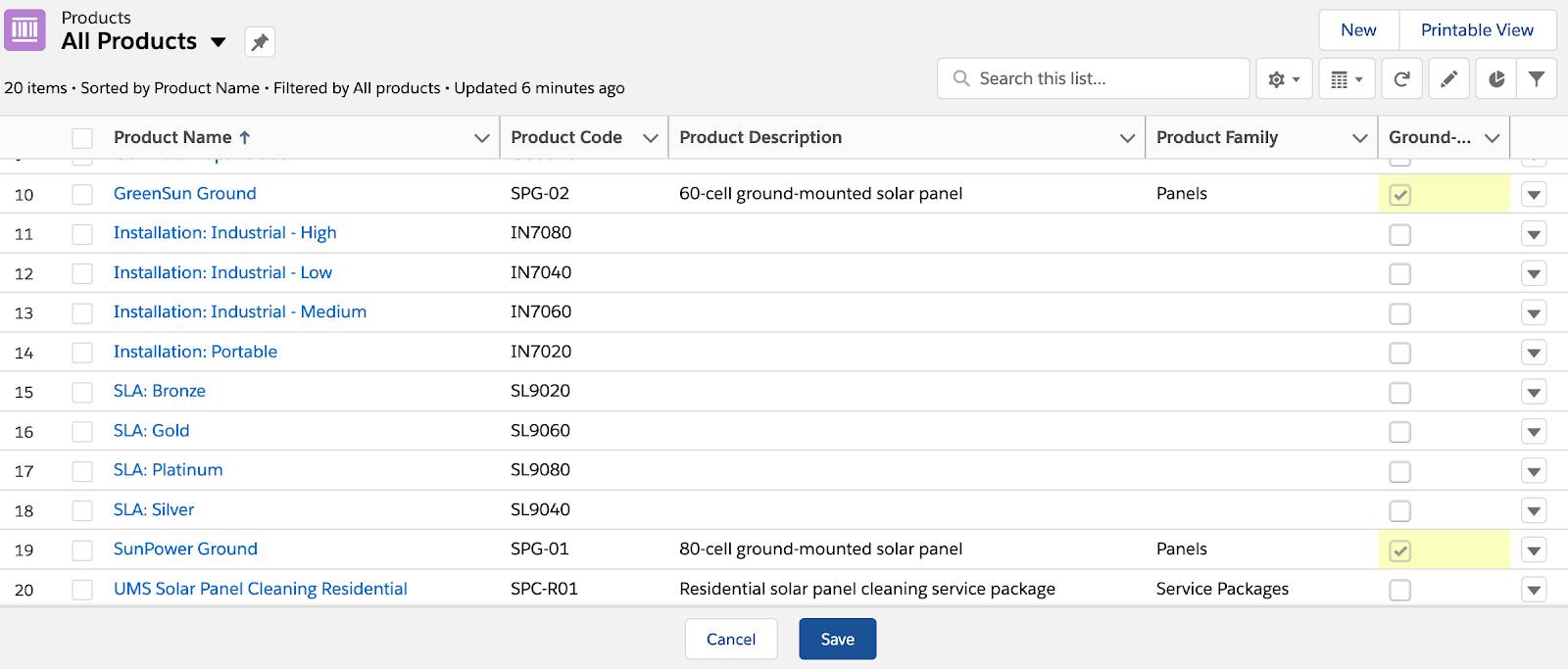 Product selection screenshot