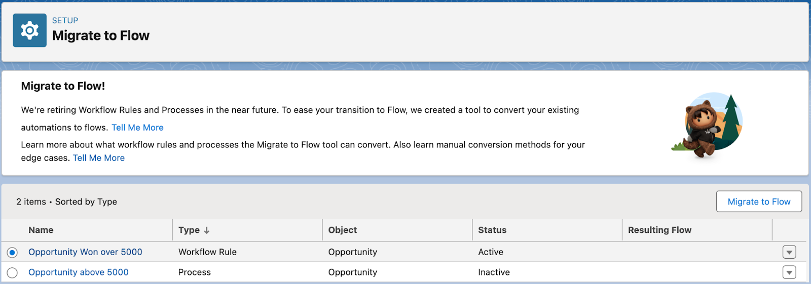 The Migrate to Flow page in Setup displays workflow rules and processes available to migrate and the Migrate to Flow button.