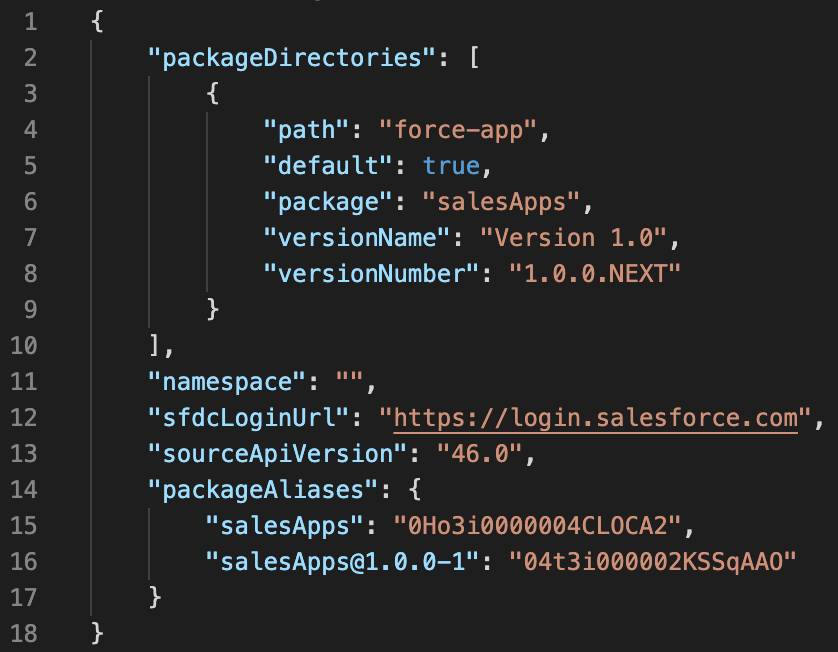 The sfdx-project.json file. The version number salesApps@1.0.0-1 has been added to the packageAliases list.