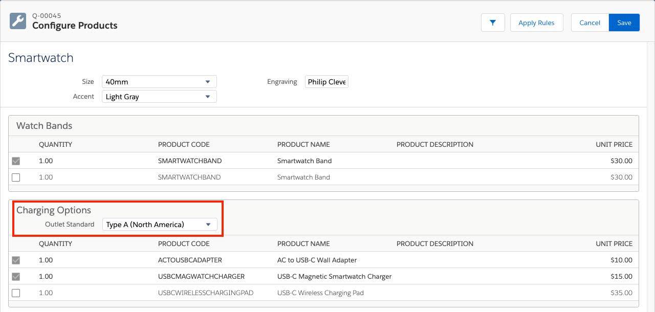 Product Configuration page for the Smartwatch bundle with attribute in Charging Options feature