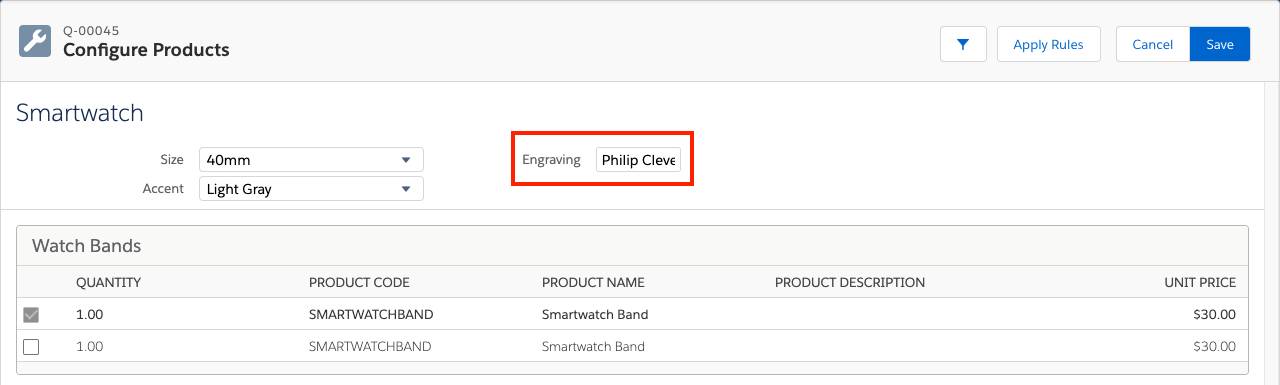 Product Configuration page for Smartwatch with Engraving field populated