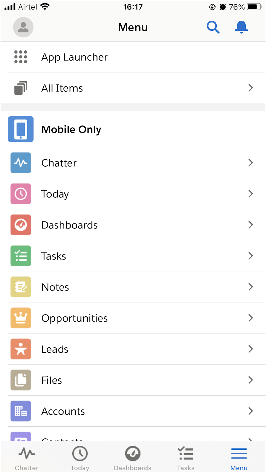 The Menu of the mobile app showing the App Launcher.