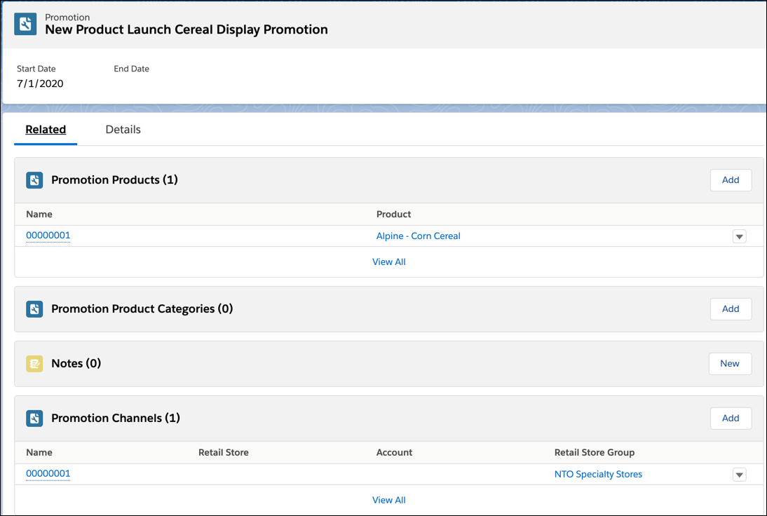 The Related tab of a promotion record showing the associated products and store groups.