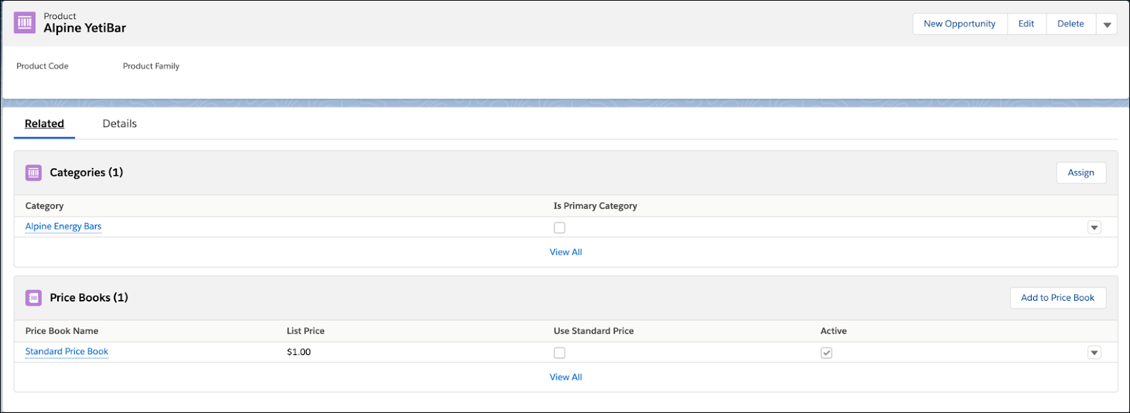 The Related tab of Alpine YetiBar showing the price books and categories associated with it.