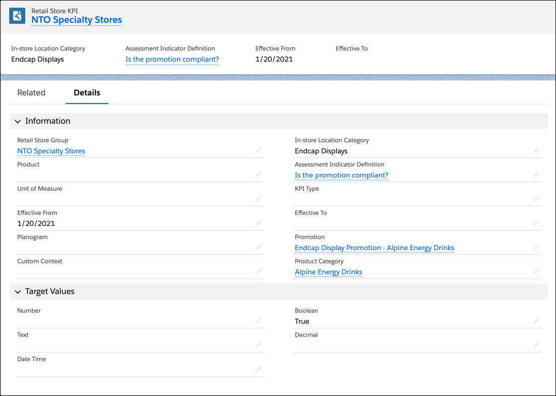 Retail Store KPI record for a promotion check of the Alpine Energy Drinks near the endcap displays.