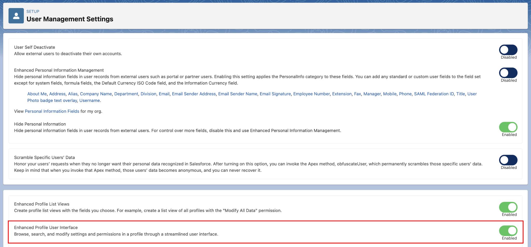 Enhanced Profile User Interface toggle highlighted.
