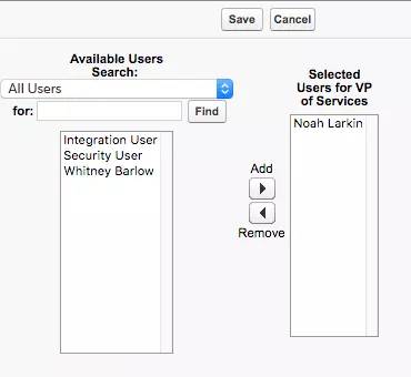 ロールの選択画面。[Selected Users for VP of Services (サービス VP 選択されたユーザー)] の下に Noah Larkin が表示されています。