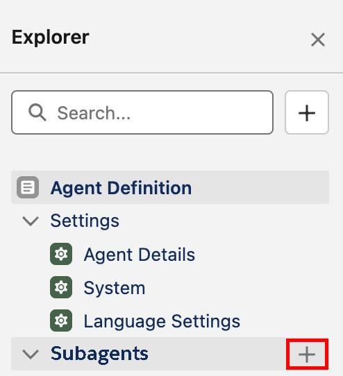El panel Explorer (Explorador) que muestra el signo más junto a Subagents (Subagentes).
