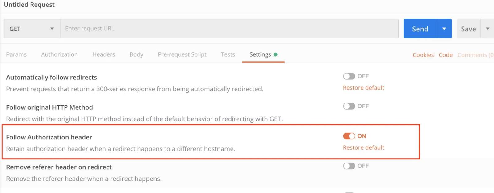 Ajuste Follow Authorization header (Seguir el encabezado de autorización) en Get Request Settings (Configuración de solicitud GET)