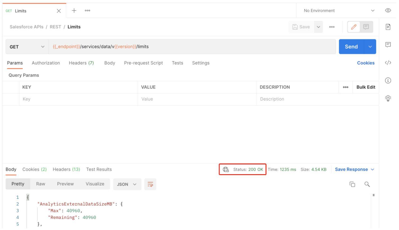 Guia GET Limits do Postman com a resposta do corpo exibida no painel principal. Status aparece como 200 OK.