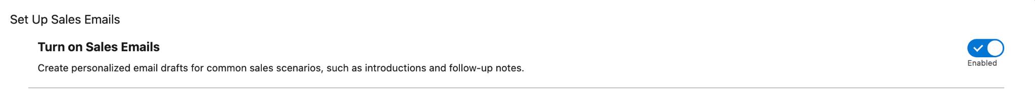 The Einstein for Sales page has a toggle to enable sales emails.