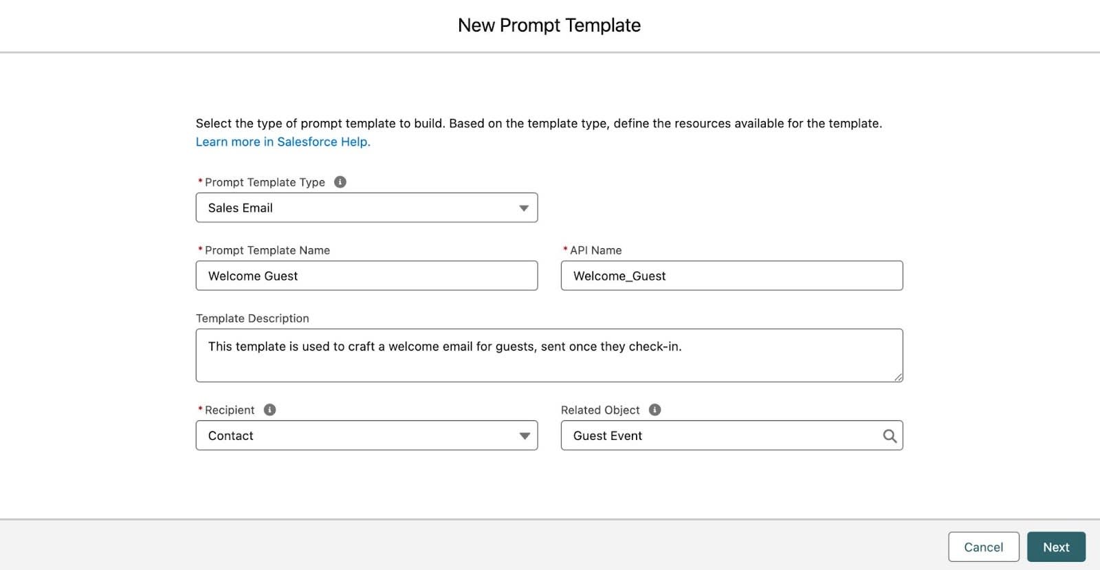 La fenêtre New Prompt Template (Nouveau modèle d’invite) correspondant aux étapes précédentes.