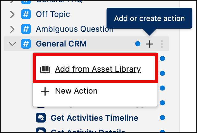 El símbolo más aparece resaltado junto a General CRM (CRM general) con la opción Add from Asset Library (Agregar desde la biblioteca de activos) resaltada.
