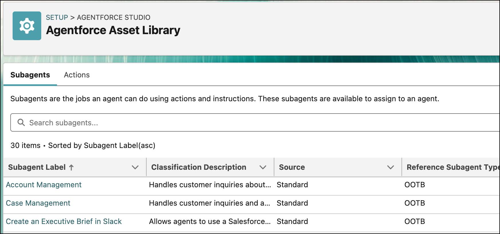 An image of the Agentforce Asset Library showing two tabs, one for Subagents and the other Actions.