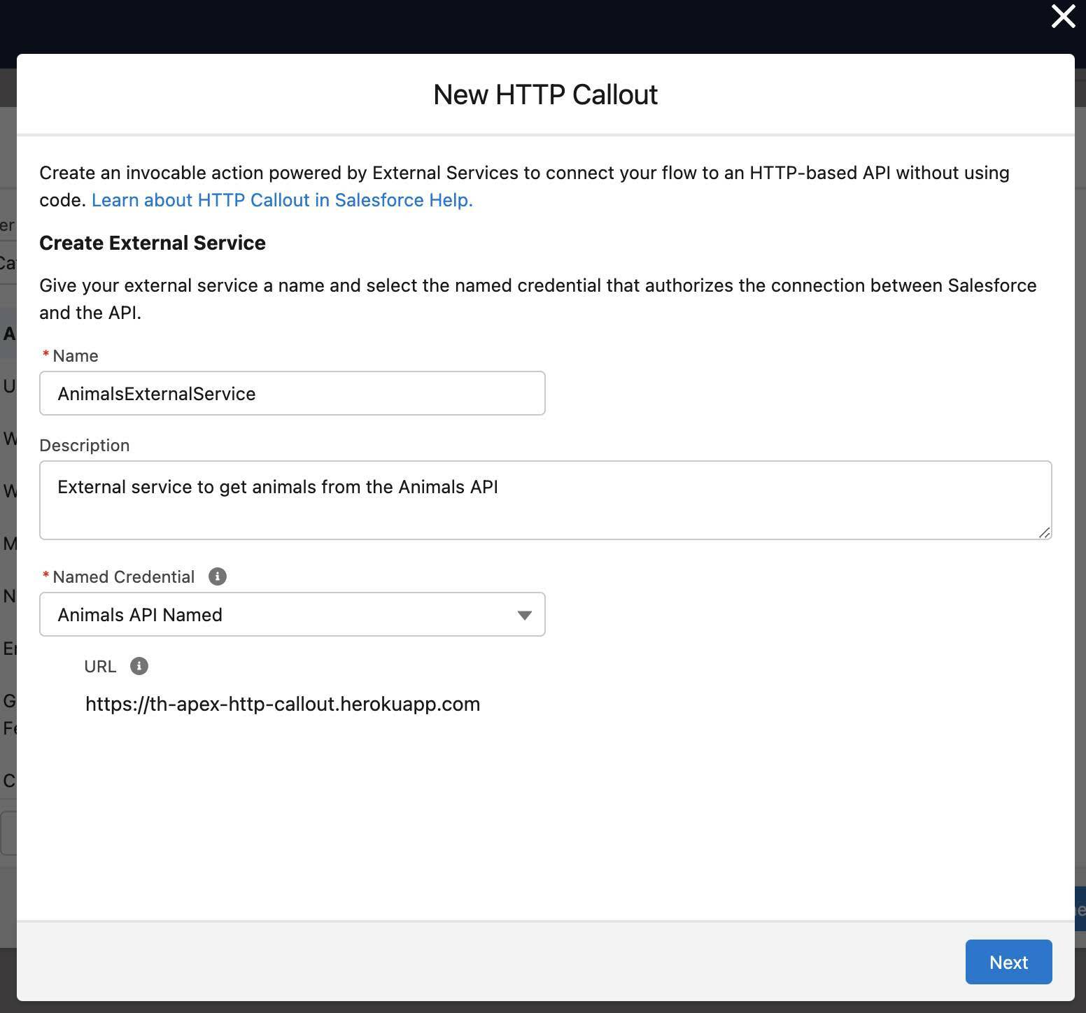 New HTTP Callout window with Name, Description, and Name Credential set as described in the preceding steps 4, 5, and 6.