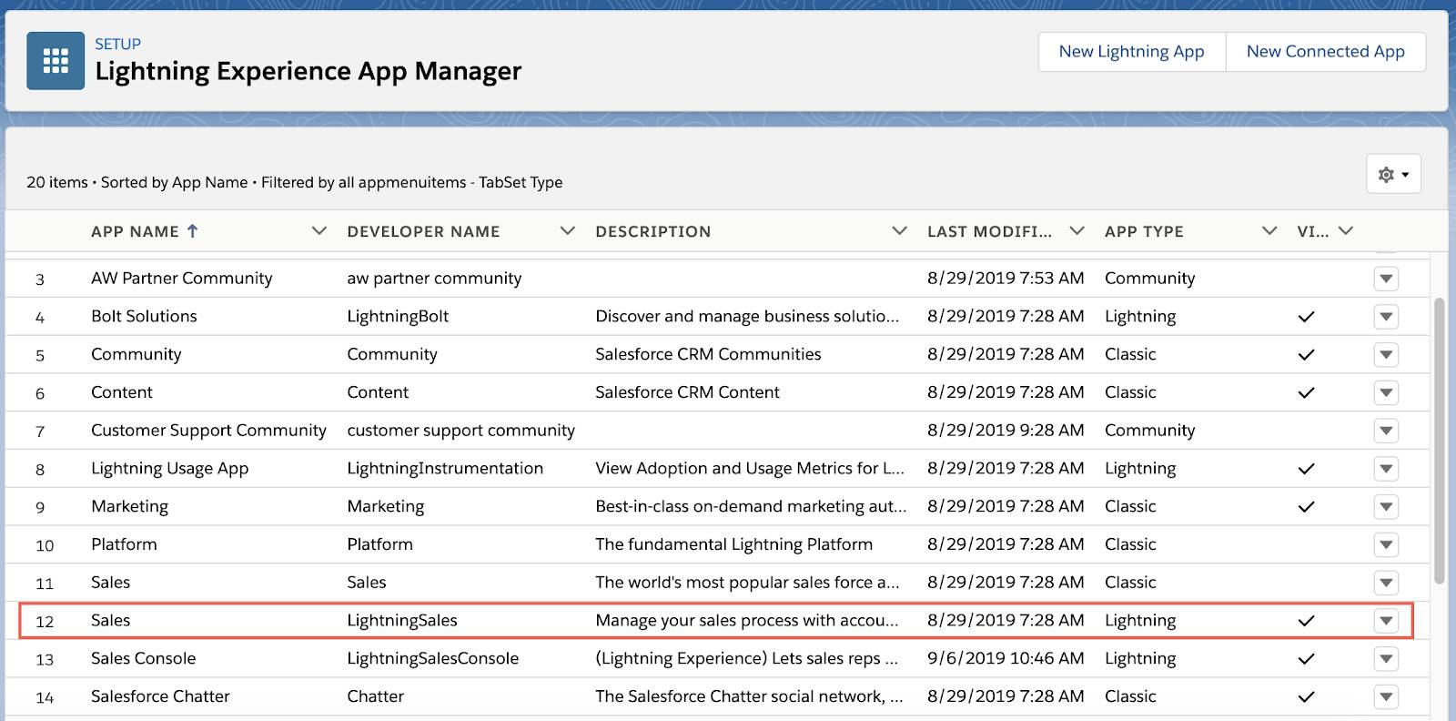 Lightning Experience App Manager with LightningSales app selected.