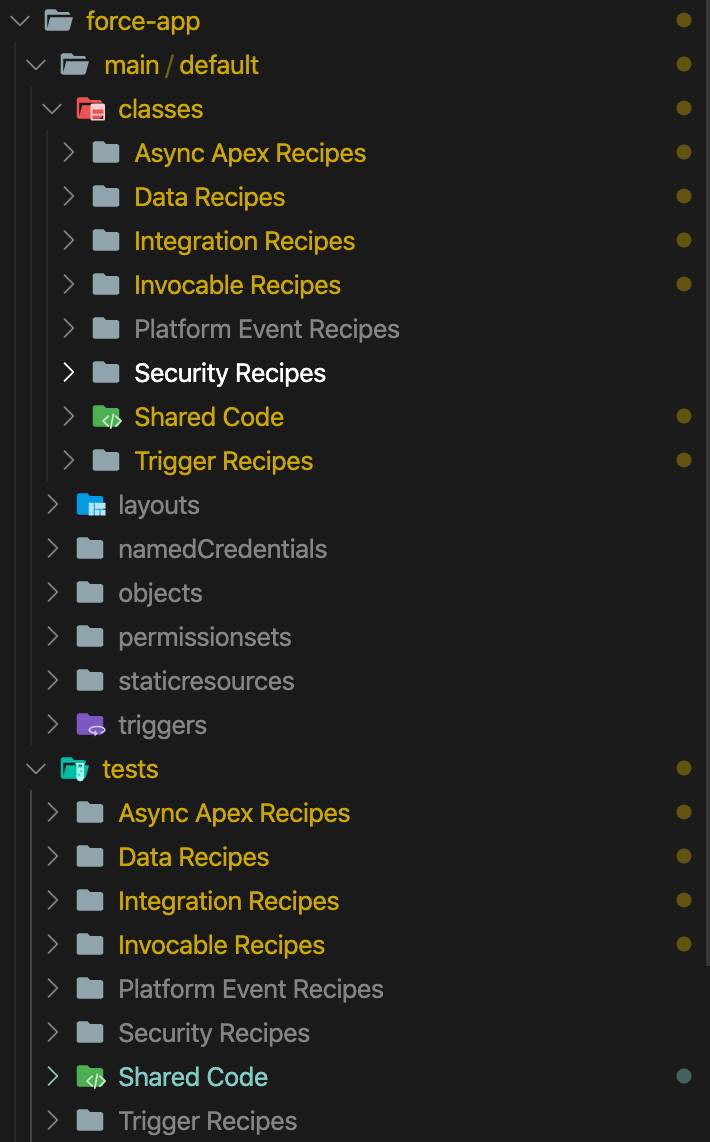 View of the folder structure of Apex Recipes in Visual Studio Code.