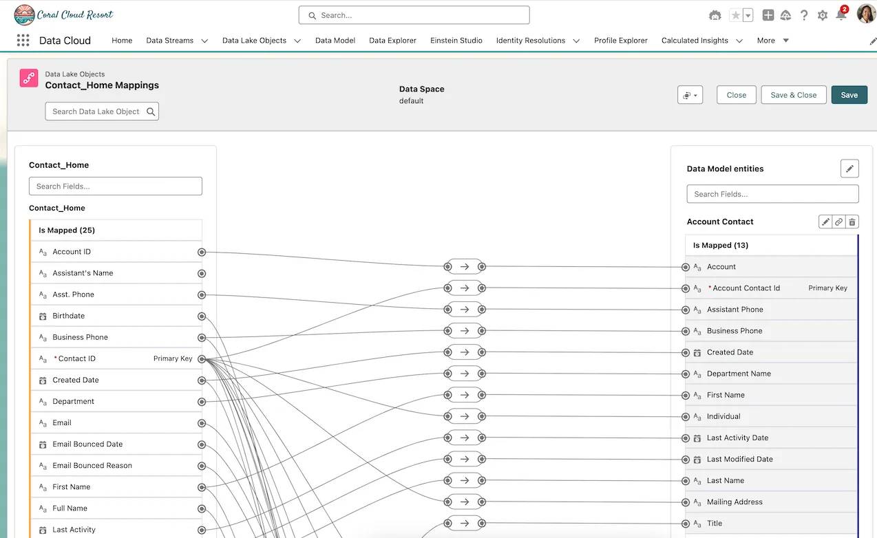 Salesforce の取引先責任者オブジェクトと Data 360 の個人データモデル間でデータがどのようにマッピングされているかを示すデータマッピングビュー