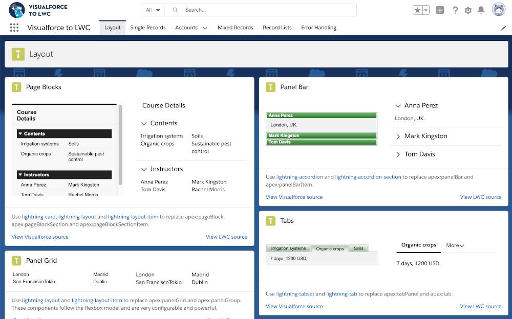The Visualforce to LWC app displays four layout patterns: page blocks, a panel grid, a panel bar, and tabs. Each example has a Visualforce implementation and a LWC implementation.