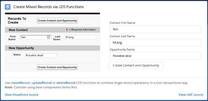 The Create Mixed Records via LDS Functions example has three inputs (first name, last name, and opportunity name) and a Create Contact and Opportunity button. There is a Visualforce implementation and a Lightning web component.