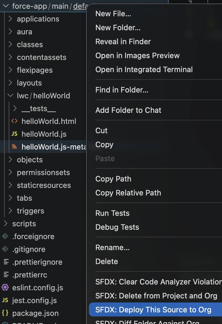 右键单击默认文件夹后,选项列表中已选择 SFDX: Deploy Source to Org(SFDX:将源部署到组织)。