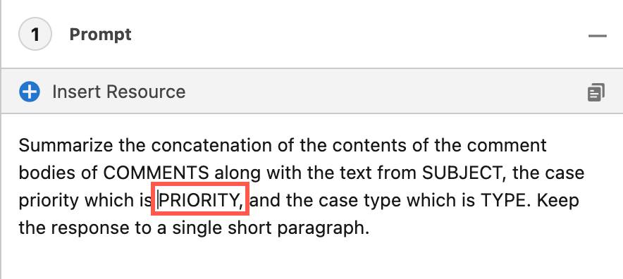 Sezione Prompt Template Workspace (Area di lavoro modello di prompt) precompilata con il testo del prompt.