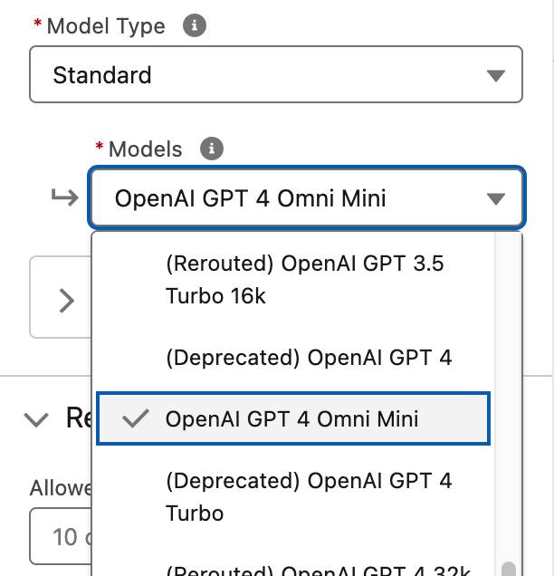 Template Properties(템플릿 속성) 창에 모델 유형 목록과 사용 가능한 모델 목록이 표시됩니다. OpenAI GPT 4 Omni Mini 모델이 선택되었습니다.