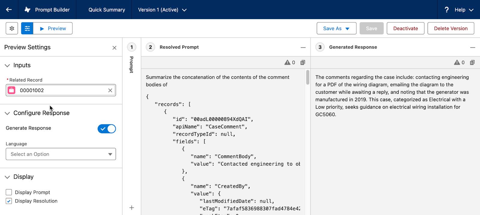 O modelo do Prompt Builder (Criador de prompts) mostrando a resposta gerada.