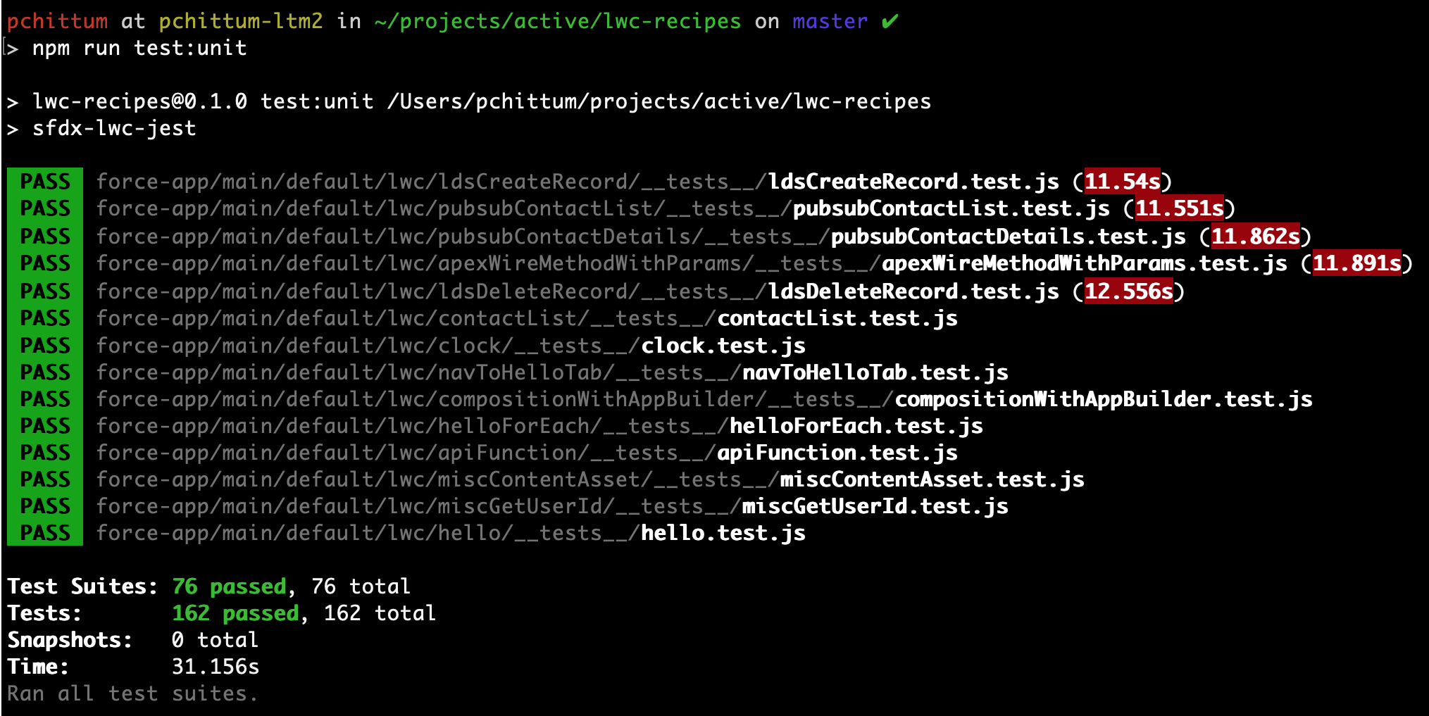 Esecuzione di test di unità con npm run test:unit.