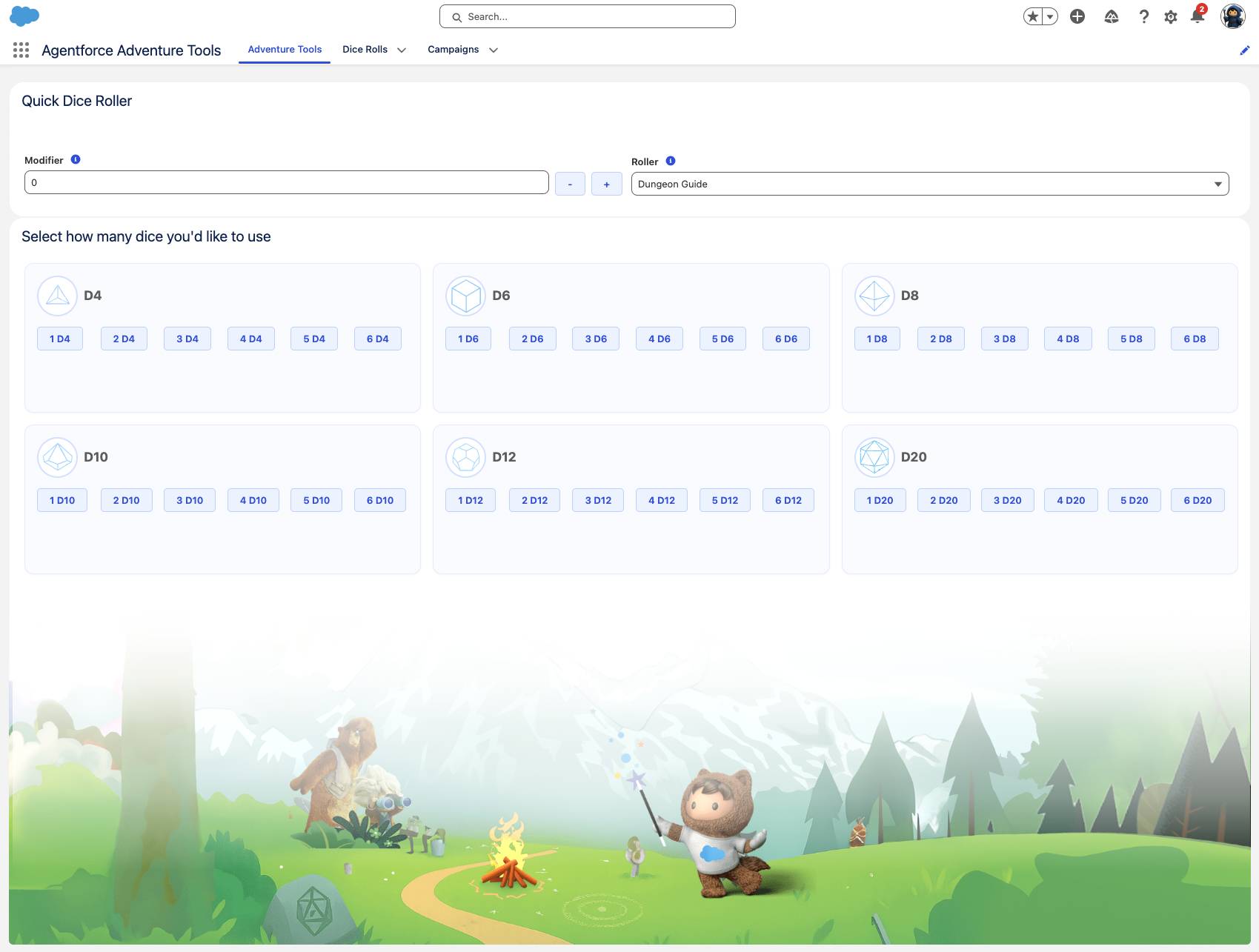 Screenshot of the Agentforce Adventure Tools app in Salesforce.