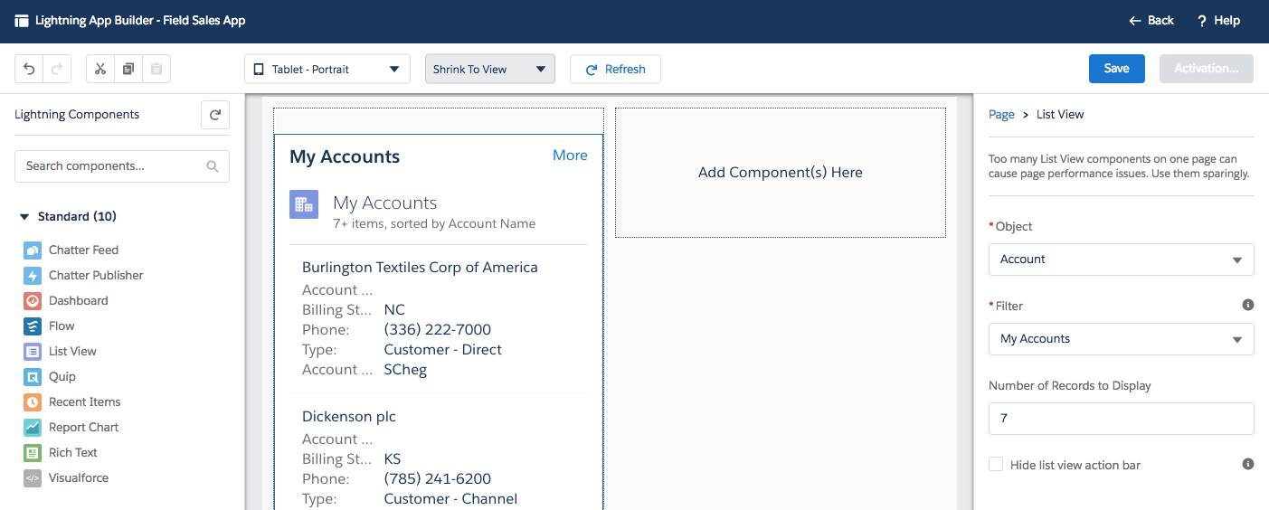 Captura de pantalla del Generador de aplicaciones Lightning - Aplicación de ventas de campo