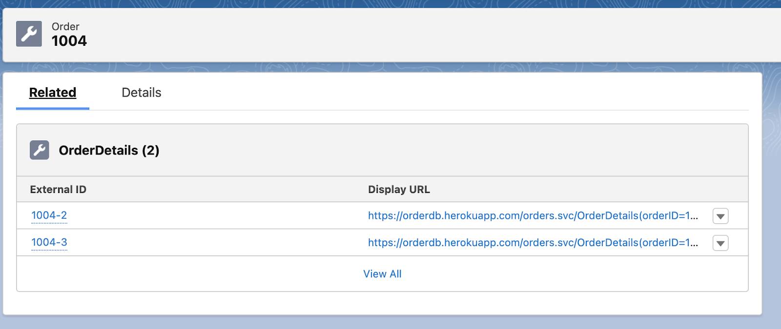 Screenshot der Seite 'Order Details (Auftragsdetails)' für den Auftrag 1025