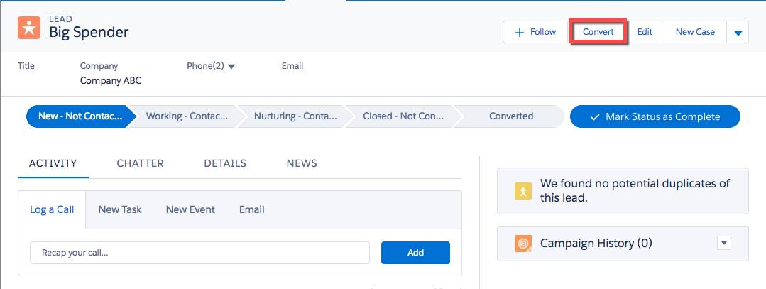 Convert Lead dialog, highlighting the value 10,000 units for the Opportunity Name