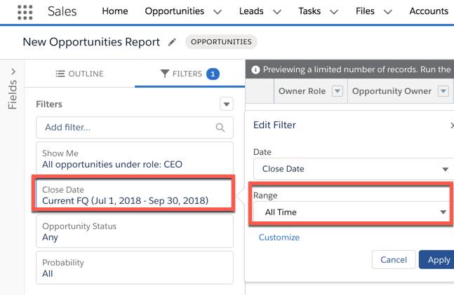 Captura de pantalla de la sección Filters (Filtros) en Report Builder (Generador de reportes), que se utiliza para especificar un intervalo de fecha.