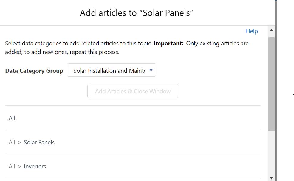 Add articles to Solar Panels screen with All > Solar Panels highlighted.