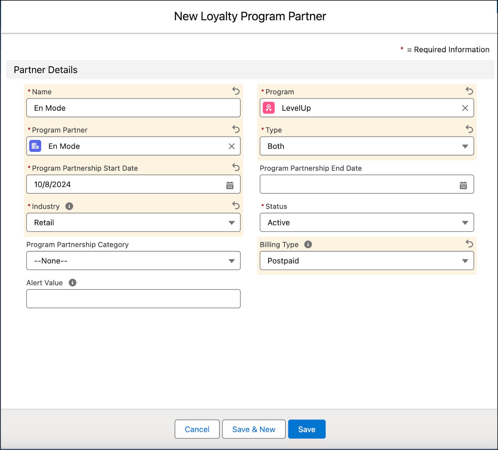 The New Loyalty Program Partner window where you add a partner to the program.